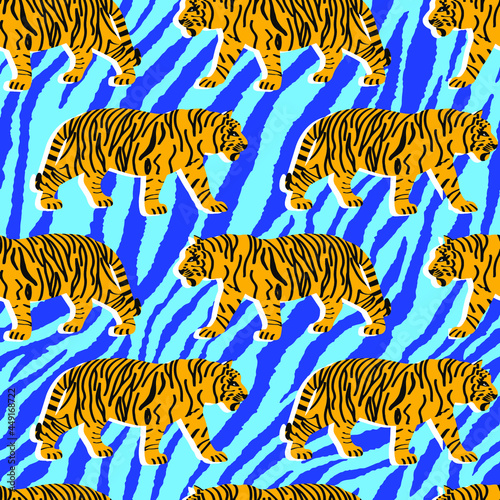 Abstract Hand Drawing Bengal Tigers Seamless Vector Pattern with  Isolated Zebra Stripes Background 