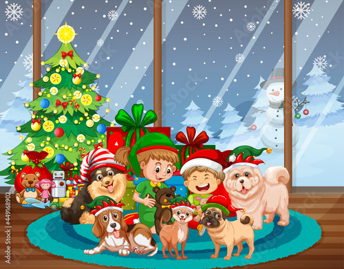 Christmas indoor scene with many children and cute dogs