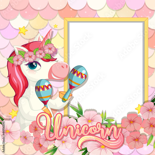 Empty banner with cute unicorn cartoon character on pastel mermaid scales