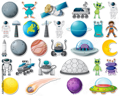 Set of stickers with Solar system objects isolated