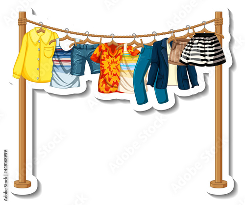 A sticker template of Clothes racks with many clothes on hangers on white bac...
