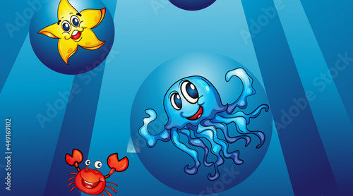 Underwater scene with various sea animals