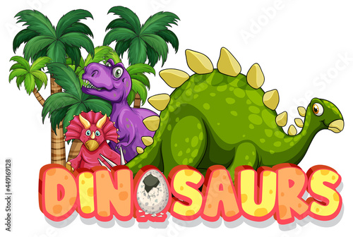 Cute dinosaurs cartoon character with dinosaurs font banner