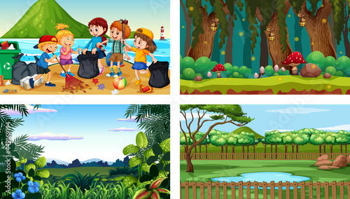 Four different scenes with children cartoon character