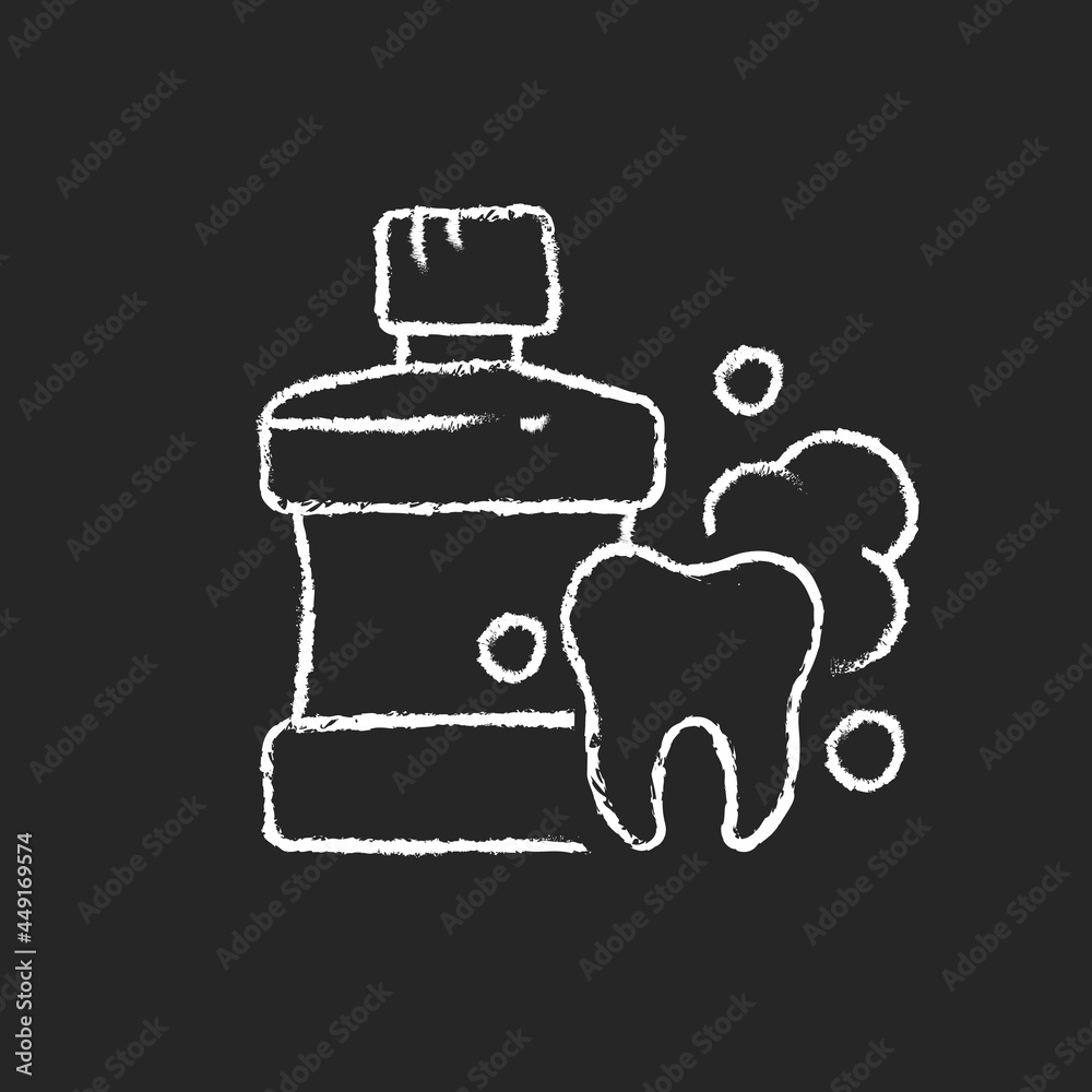 Mouthwash for teeth health chalk white icon on dark background. Oral