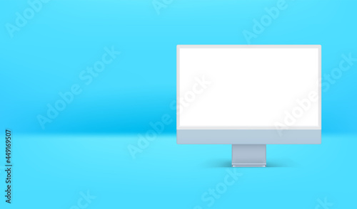 Modern computer in interior mockup. Horizontal banner with copy space