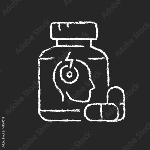 Pills for headache chalk white icon on dark background. Pain reliever. Acute migraine medication. Reducing discomfort in head. Chronic pain treatment. Isolated vector chalkboard illustration on black