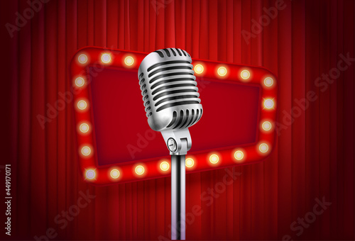 Red curtain and empty illuminated frame. Stand up concept