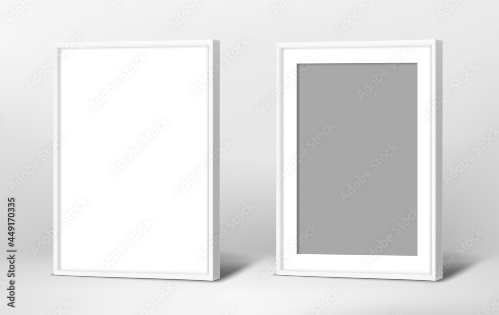 Two white photo frames in interior. Vector mock up