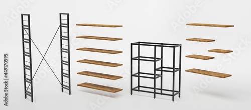 Fototapeta Naklejka Na Ścianę i Meble -  Empty wooden shelves and metal bases for manufacture racks isolated on white background, angle view. Interior design element in loft style, bookshelf mockup, home ledges furniture, 3d illustration