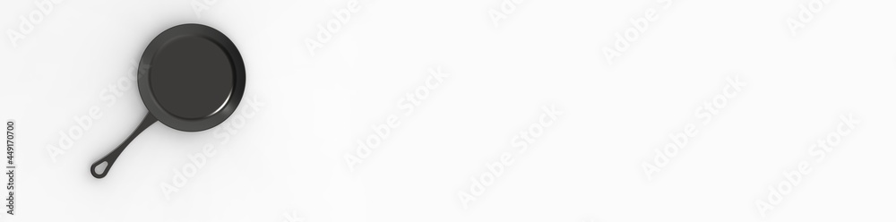 metal frying pan on a white background. banner for insertion on the site. 3d image. 3d rendering. metal frying pan on a white background. banner for insertion on the site. 3d image. 3d rendering.