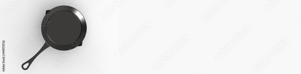 pot with a handle made of black metal on a white background. banner for insertion on the site. close-up. cooking device. 3d image. 3d rendering. pot with a handle made of black metal on a white background. banner for insertion on the site. close-up. cooking device. 3d image. 3d rendering.