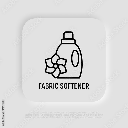 Bottle of fabric softener, cleaner, detergent thin line icon. Plastic bottle with flower. Modern vector illustration.