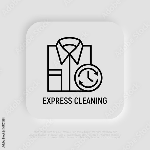 Express cleaning: folded shirt with timer. Laundry service. Thin line icon. Modern vector illustration.
