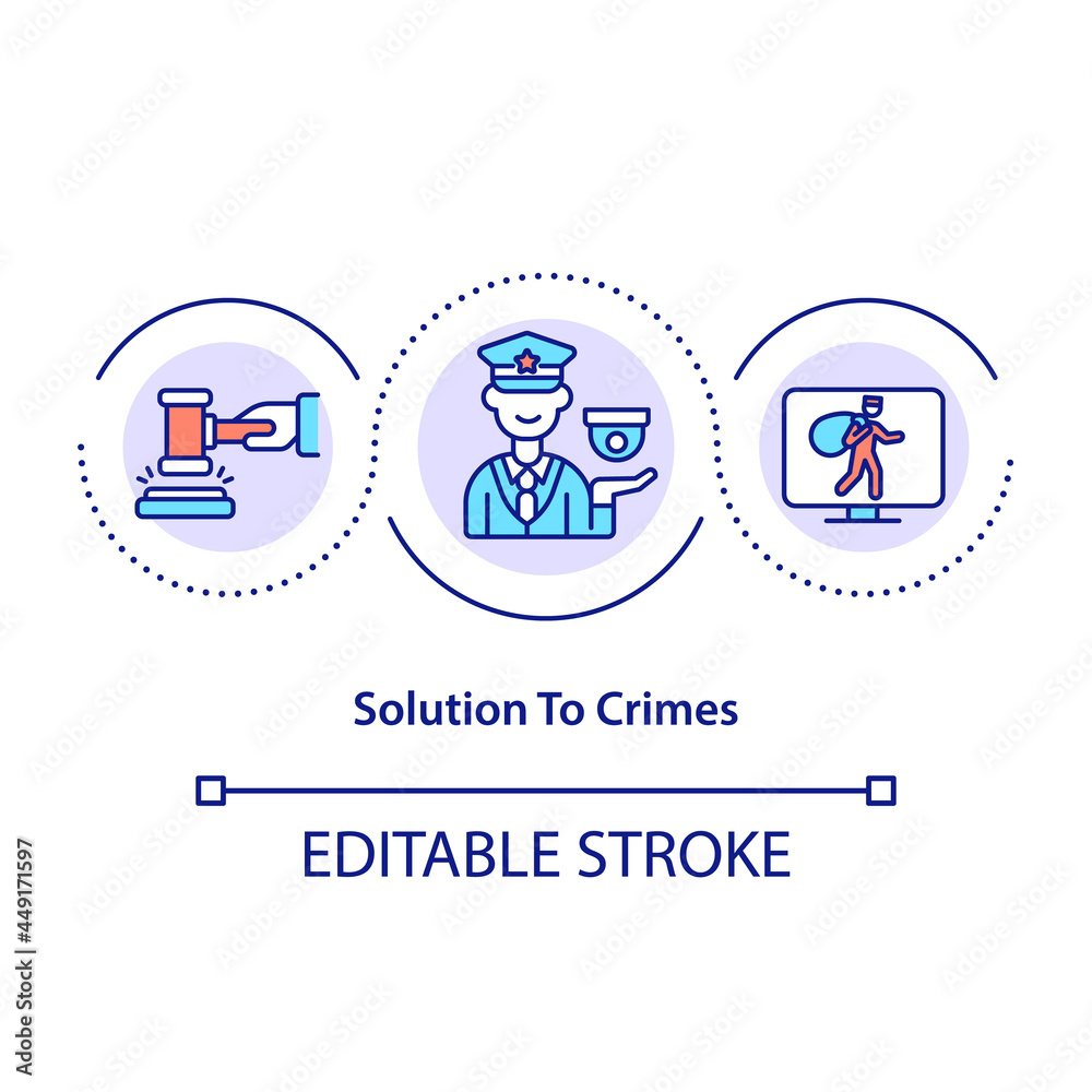 Solution to crimes concept icon. Surveillance cameras and theft action recording. Police aid abstract idea thin line illustration. Vector isolated outline color drawing. Editable stroke Solution to crimes concept icon. Surveillance cameras and theft action recording. Police aid abstract idea thin line illustration. Vector isolated outline color drawing. Editable stroke