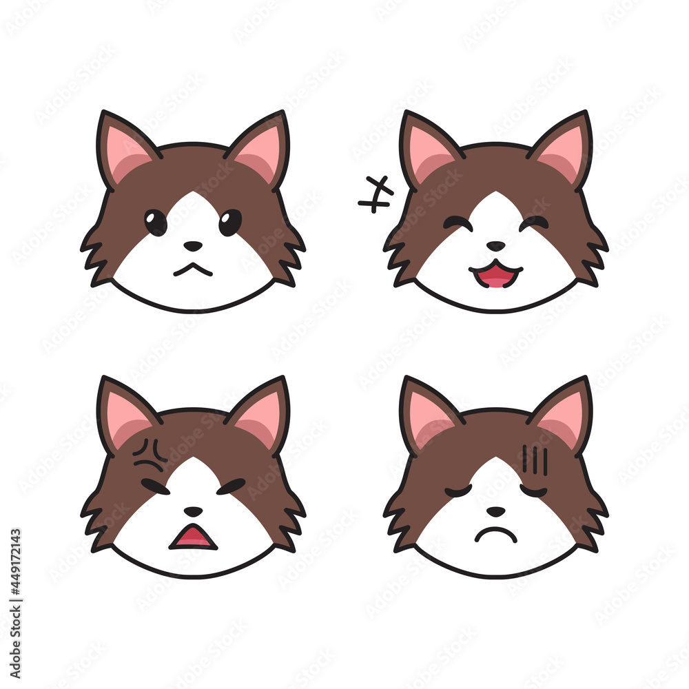 Set of ragamuffin cat faces showing different emotions for design.