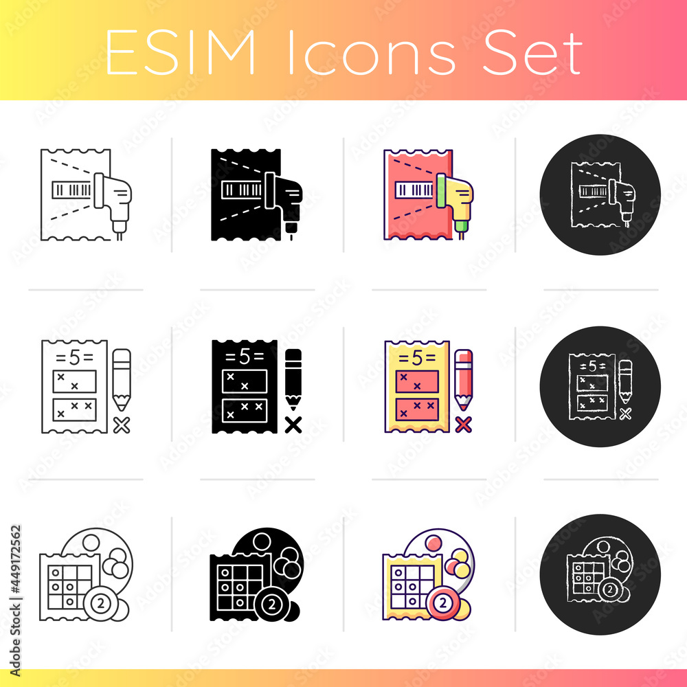 Taking part in lottery icons set. Checking winning numbers. Five digit