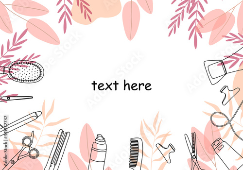Frame, border of hairdressing tools. Hair salon accessories outline, hair dryer, comb, scissors and abstraction. Vector illustration, template for design and information.