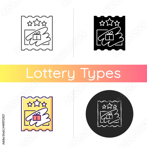Scratch cards icon. Scratching off covering for prize reveal. Online scratch ticket. Winning money. Paper-based card for competitions. Linear black and RGB color styles. Isolated vector illustrations