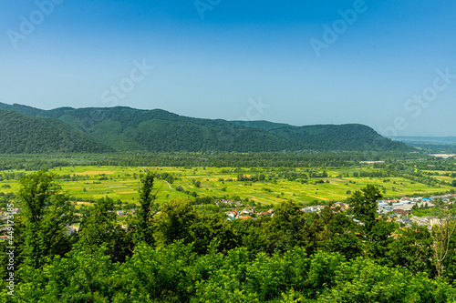 Panoramic view of Kust city from Khust castle in Khust  Ukraine on June 24  2021.