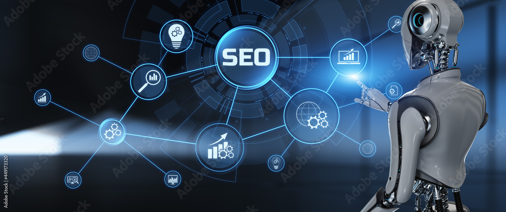 SEO Search engine optimisation digital marketing automation. Robot pressing button on screen 3d render. SEO Search engine optimisation digital marketing automation. Robot pressing button on screen 3d render.