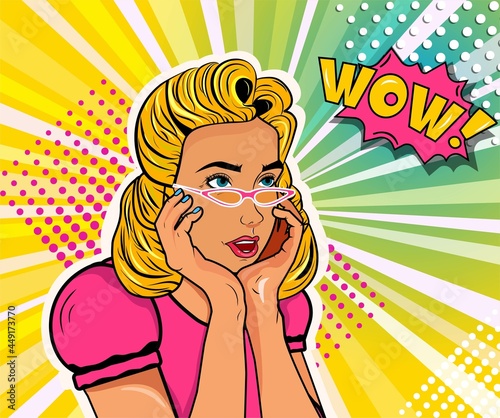 Girl in retro style on a bright background. Blonde in a pink dress with glasses. Wow. Pop art style. Design for printing. A modern rendition of a style from the past. Stock Vector Illustration.