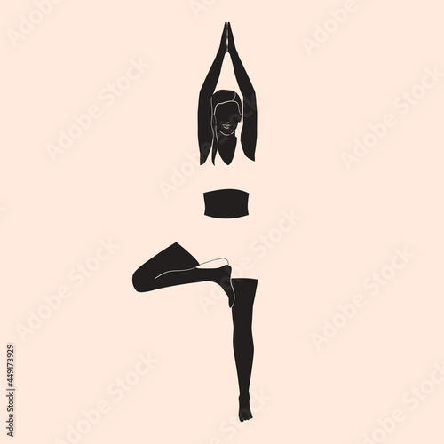 Yoga. A minimalistic woman stands in a tree pose. Vector illustration.