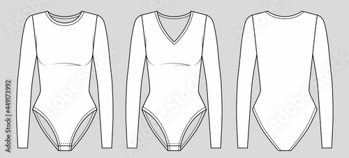 technical drawing fashion of women bodysuit with long sleeve, round neck and V-neck