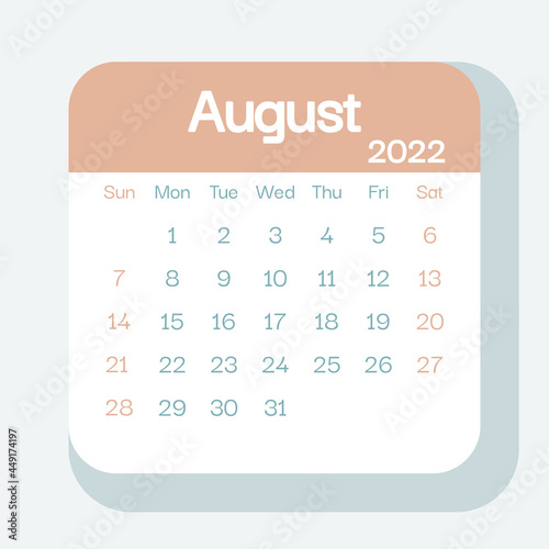 August 2022 calendar planner in pastel color, week starts on Sunday, template, mock up calendar leaf - Illustration. Vector graphic page