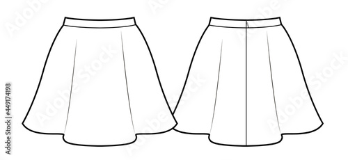Fashion technical drawing of mini flared skirt whith belt