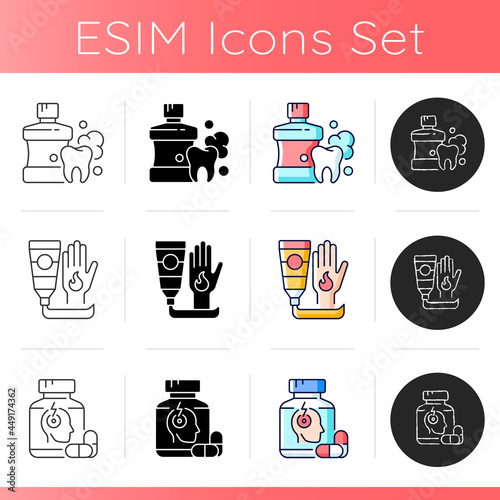 First aid bag icons set. Mouthwash for teeth health. Burn treatment. Acute migraine medication. Pain reliever. Antibacterial cream. Linear, black and RGB color styles. Isolated vector illustrations