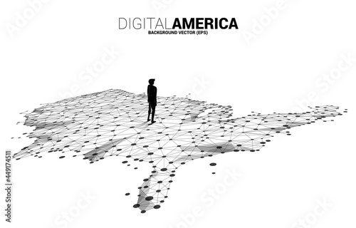 Vector Businessman standing on United States map from Polygon dot connect line with city background. Concept for America digital network connection.