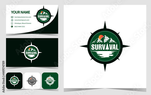 survival outdoor logo designs illustration in the forest mountain and sea with compass navigation