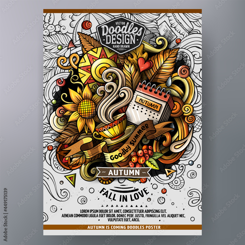 Cartoon vector doodle Autumn poster template. Corporate identity for the use on invitations, placards, cards, presentations. Funny colorful and line art fall design