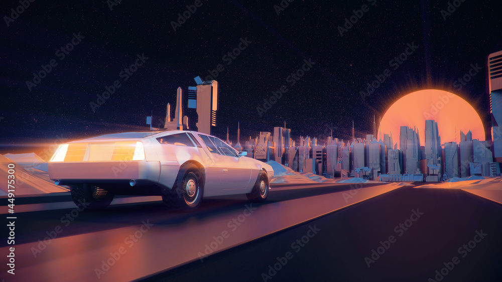 RETRO CITY SKYLINE WITH CAR: Neon glowing sun, car and starry sky | Synthwave / Retrowave / Vaporwave Background | 3D Illustration
