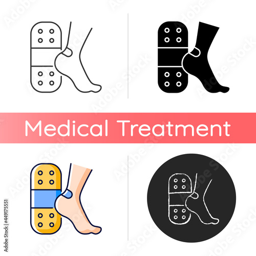 Patches for blisters icon. Skin protection from friction. Applying plaster. Self-help option. Sterile dressing. Adhesive backing. Linear black and RGB color styles. Isolated vector illustrations