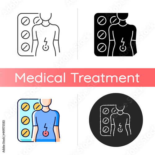 Tablets for stomach ache icon. Relaxing muscles in abdomen. Digestive wellbeing. Treating cramps and diarrhea. Support bowel function. Linear black and RGB color styles. Isolated vector illustrations