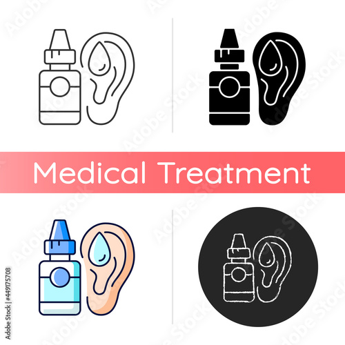 Ear drops icon. Earwax removing. Ear infections, inflammations prevention. Acute otitis media treatment. Reducing discomfort and pain. Linear black and RGB color styles. Isolated vector illustrations
