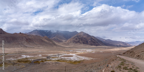 Colorful high altitude mountain landscape panorama at Ak Baital pass along the Pamir Highway, Murghab, Gorno-Badakshan, Tajikistan