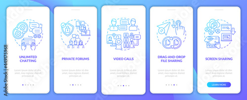 Business messaging blue gradient onboarding mobile app page screen. Work service walkthrough 5 steps graphic instructions with concepts. UI, UX, GUI vector template with linear color illustrations