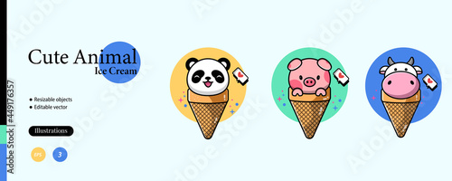 cute animal ice cream collection set,pig,panda,cow,animal character concept,vector eps 10