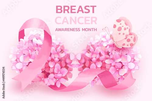 Breast cancer awareness month with pink ribbon and hydrangea flowers concept
