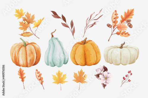 Set of autumn leaves and pumpkins in watercolor style photo
