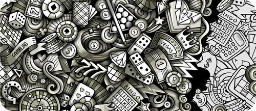 Casino hand drawn doodle banner. Cartoon vector detailed flyer.