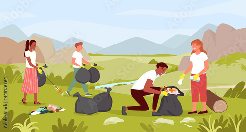 People clean green summer park, care nature, environment protection vector illustration. Cartoon eco volunteer woman man characters collect trash garbage in plastic bags to protect ecology background