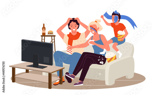 Cartoon father mother and son child fans characters sitting on sofa to watch television during day isolated on white. Family people fans watching soccer match tournament together vector illustration