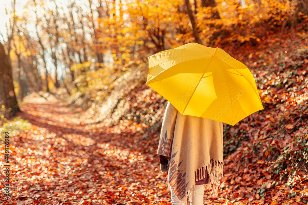Woman holding an umbrella taking a walk through forest