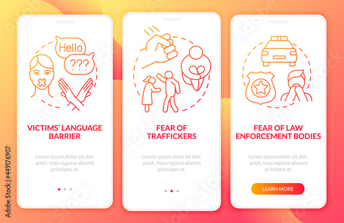 Human trafficking survivor onboarding mobile app page screen. Traumatic aftermath walkthrough 3 steps graphic instructions with concepts. UI, UX, GUI vector template with linear color illustrations