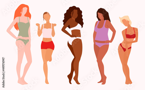 Group of beautiful women. Body positivity. Feminism, diversity, race equality vector illustration. © Svetlana