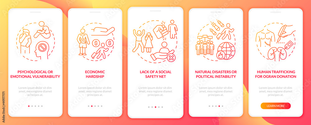 Human smuggling reasons onboarding mobile app page screen. Abduction factors walkthrough 5 steps graphic instructions with concepts. UI, UX, GUI vector template with linear color illustrations